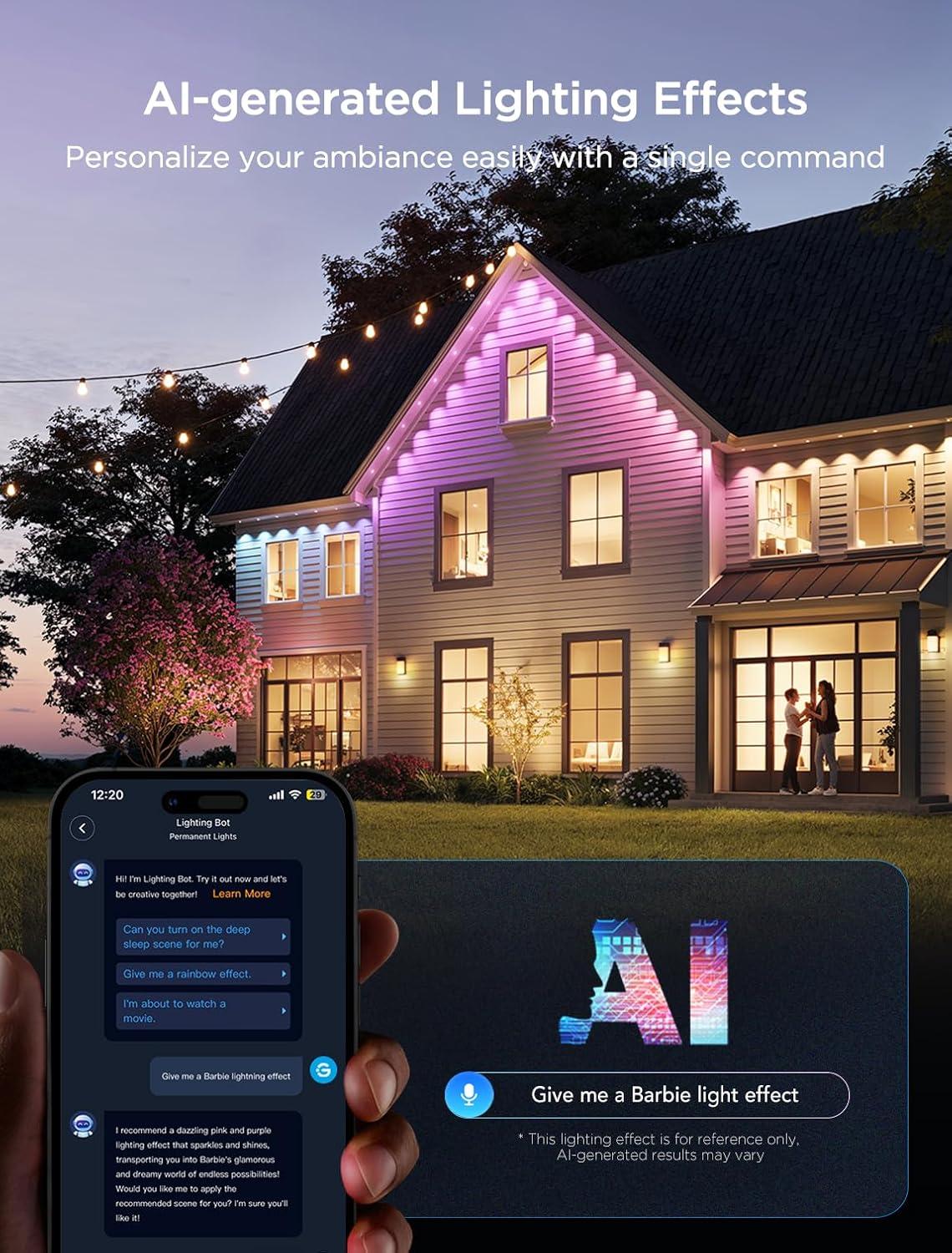 imageGovee Permanent Outdoor Lights 2 100ft RGBIC Outdoor Lights with 72 LED Lights IP67 Waterproof 100 Scene Modes with 40lm White for Outdoor Decorations Works with Alexa Google Assistant WhiteBlack