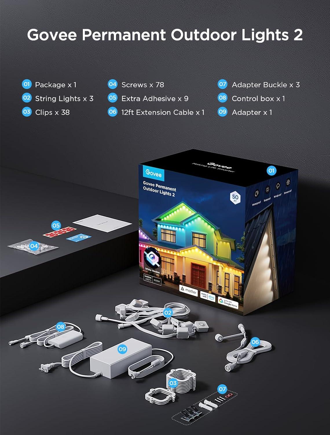 imageGovee Permanent Outdoor Lights 2 100ft RGBIC Outdoor Lights with 72 LED Lights IP67 Waterproof 100 Scene Modes with 40lm White for Outdoor Decorations Works with Alexa Google Assistant WhiteWhite