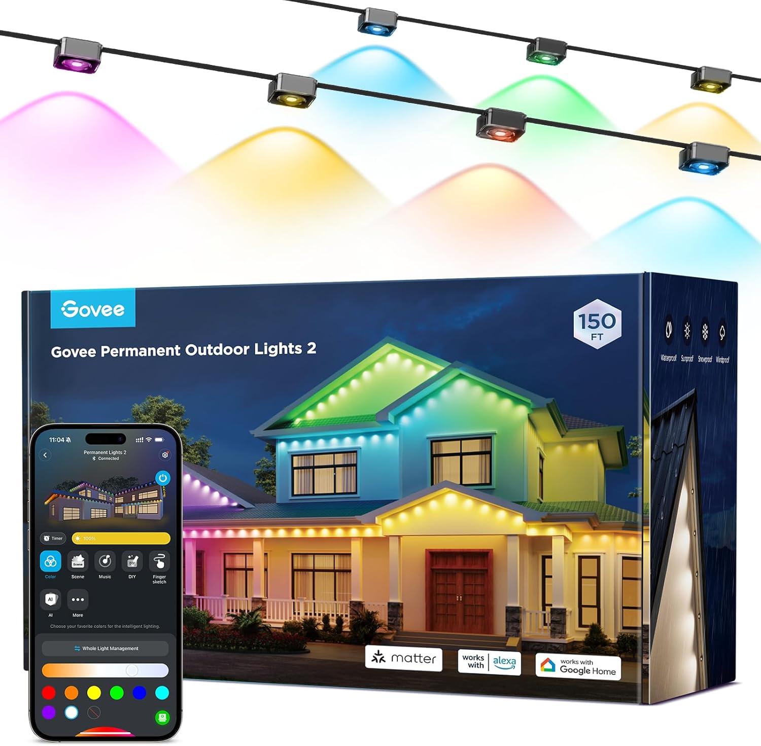 imageGovee Permanent Outdoor Lights 2 100ft RGBIC Outdoor Lights with 72 LED Lights IP67 Waterproof 100 Scene Modes with 40lm White for Outdoor Decorations Works with Alexa Google Assistant WhiteBlack