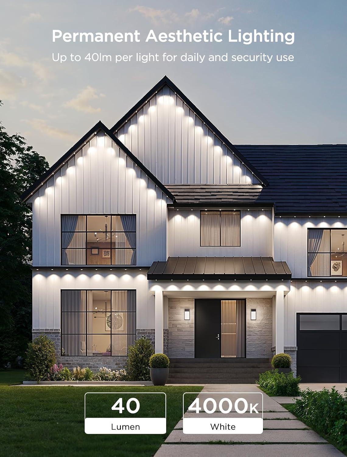 imageGovee Permanent Outdoor Lights 2 100ft RGBIC Outdoor Lights with 72 LED Lights IP67 Waterproof 100 Scene Modes with 40lm White for Outdoor Decorations Works with Alexa Google Assistant WhiteBlack