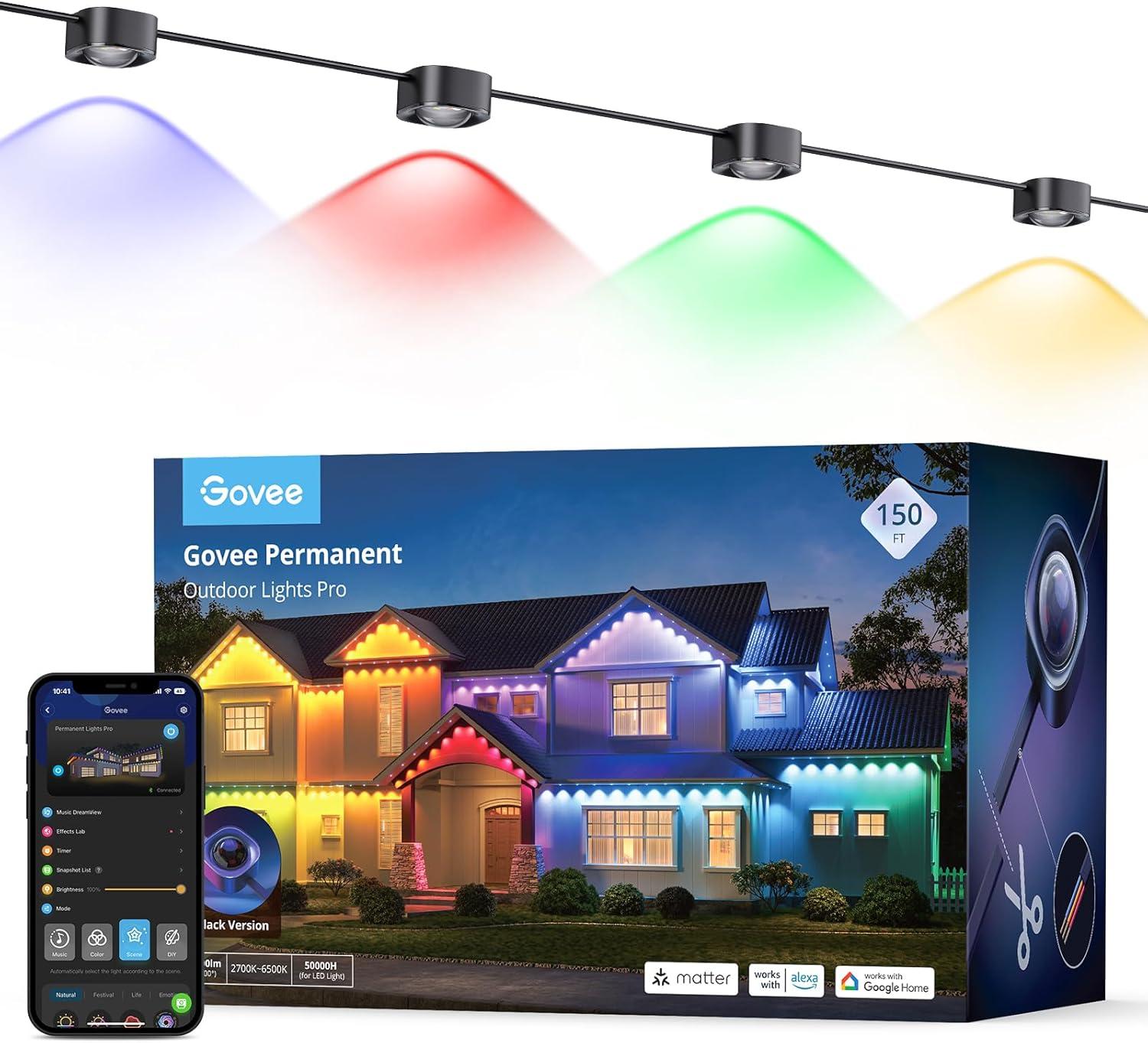 imageGovee Permanent Outdoor Lights Pro 200ft with 120 RGBIC LED Lights for Daily and Accent Lighting 75 Scene Modes for Outdoor Decor IP67 Waterproof Works with Alexa Google Assistant Matter WhiteBlack