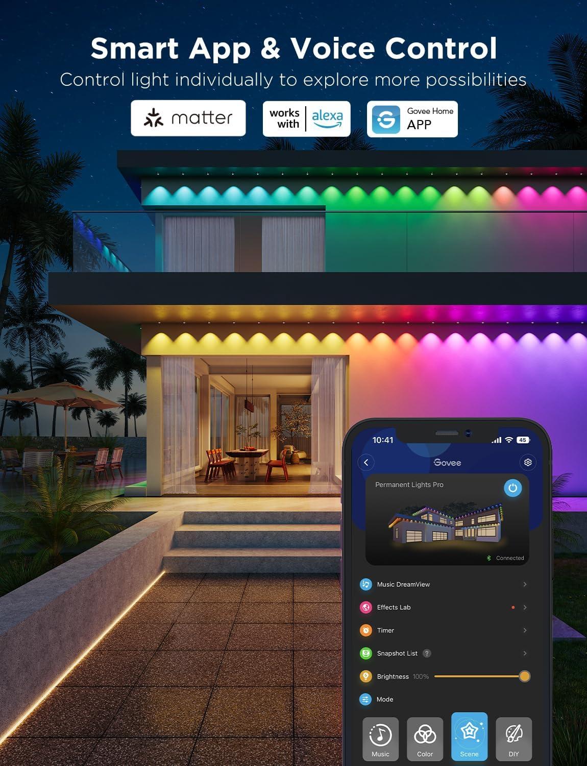 imageGovee Permanent Outdoor Lights Pro 200ft with 120 RGBIC LED Lights for Daily and Accent Lighting 75 Scene Modes for Outdoor Decor IP67 Waterproof Works with Alexa Google Assistant Matter WhiteWhite