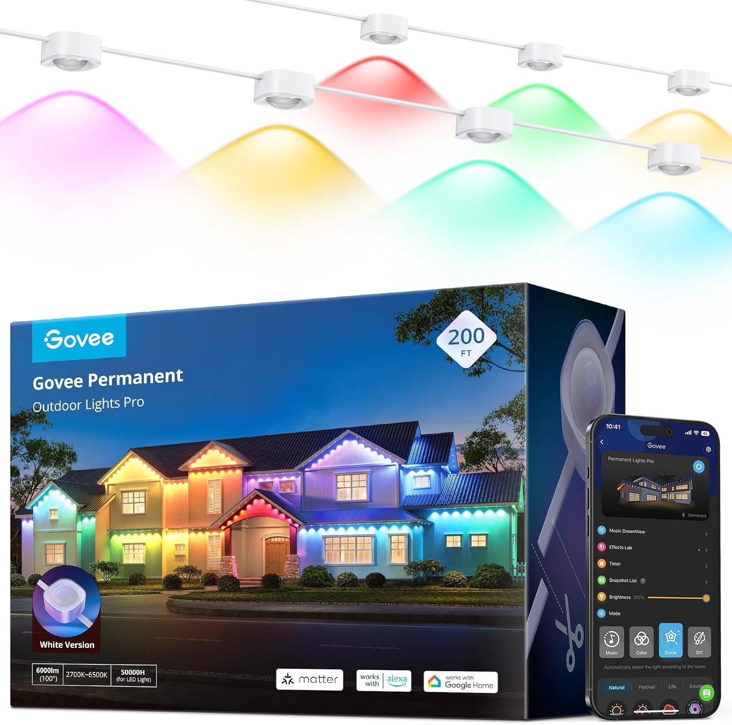 imageGovee Permanent Outdoor Lights Pro 200ft with 120 RGBIC LED Lights for Daily and Accent Lighting 75 Scene Modes for Outdoor Decor IP67 Waterproof Works with Alexa Google Assistant Matter WhiteWhite