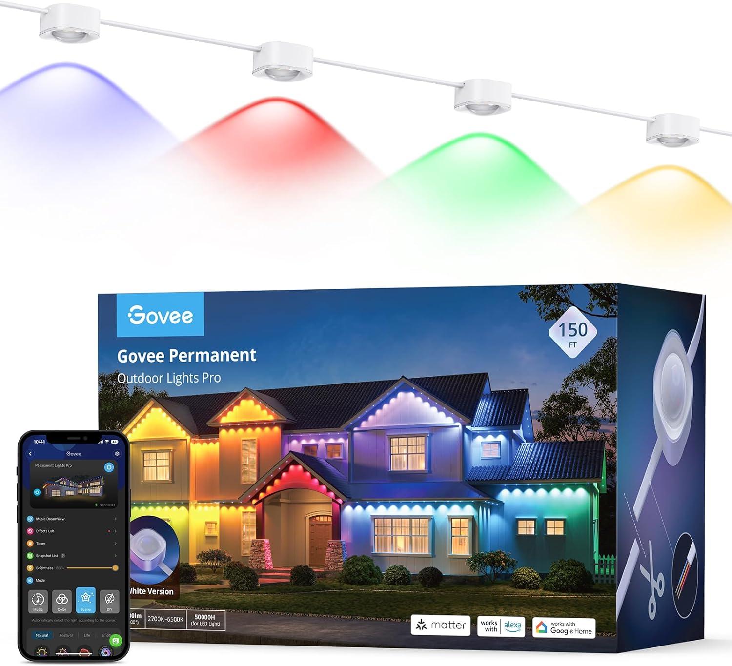 imageGovee Permanent Outdoor Lights Pro 200ft with 120 RGBIC LED Lights for Daily and Accent Lighting 75 Scene Modes for Outdoor Decor IP67 Waterproof Works with Alexa Google Assistant Matter WhiteWhite