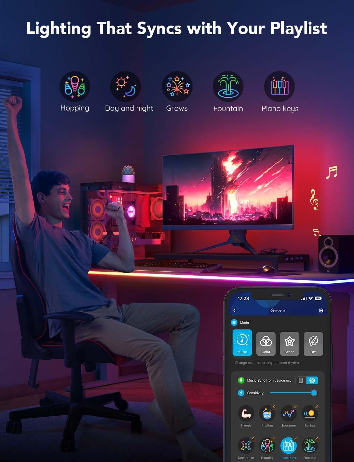 imageGovee RGBIC Gaming Lights 10ft Neon Rope Lights Soft Lighting for Gaming Desks LED Strip Lights Syncing with Razer Chroma Support Cutting Smart App Control Music Sync Adapter Only 24G WiFi164ft