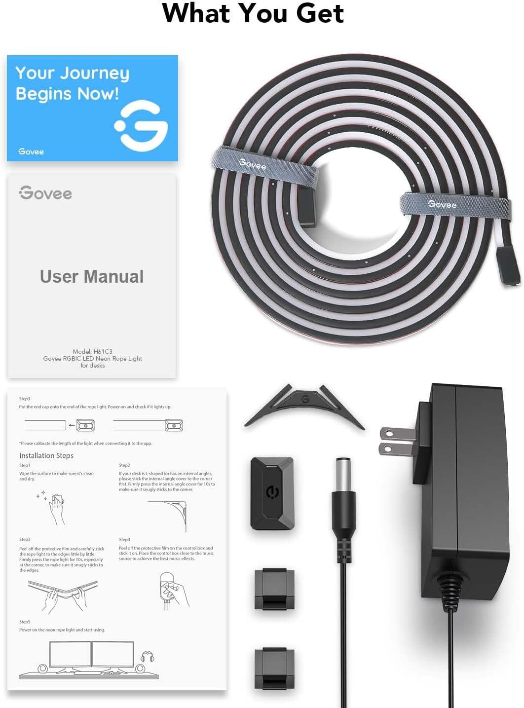 imageGovee RGBIC Gaming Lights 10ft Neon Rope Lights Soft Lighting for Gaming Desks LED Strip Lights Syncing with Razer Chroma Support Cutting Smart App Control Music Sync Adapter Only 24G WiFi164ft