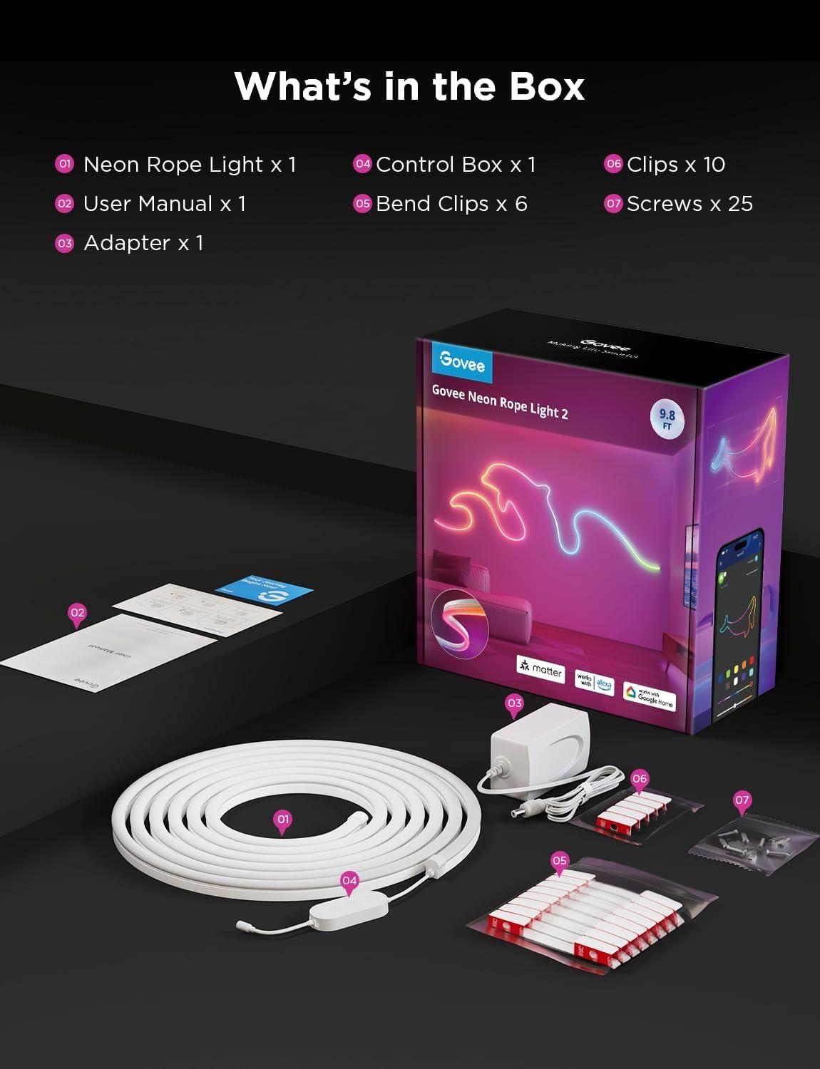 imageGovee RGBIC Neon Lights LED Smart Neon Rope Light 2 Works with Matter Alexa Google Assistant Custom DIY Neon Strip Lights for Bedroom and Holiday Decor Softer Material 328ft WhiteWhite