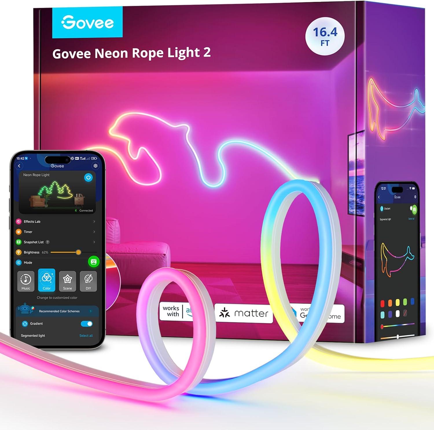 imageGovee RGBIC Neon Lights LED Smart Neon Rope Light 2 Works with Matter Alexa Google Assistant Custom DIY Neon Strip Lights for Bedroom and Holiday Decor Softer Material 328ft WhiteWhite