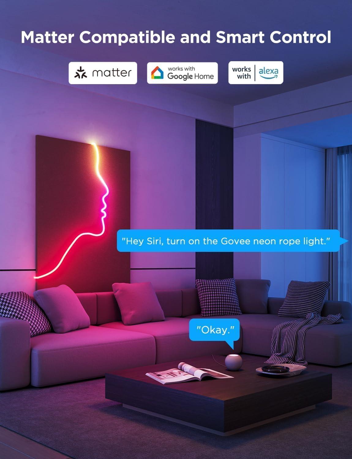 imageGovee RGBIC Neon Lights LED Smart Neon Rope Light 2 Works with Matter Alexa Google Assistant Custom DIY Neon Strip Lights for Bedroom and Holiday Decor Softer Material 328ft WhiteWhite