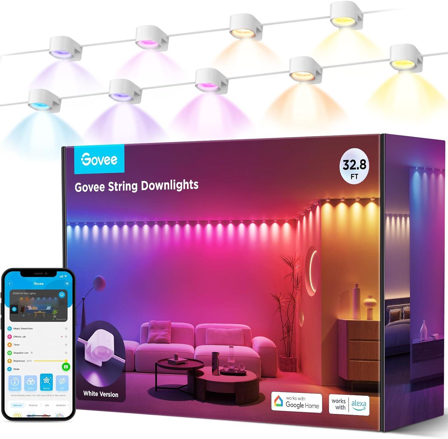 imageGovee RGBIC String Downlights Smart LED String Lights Works with Alexa Color Changing Indoor Wall Light Fixture for Party Music Sync 98ft with 15 LEDs WhiteWhite