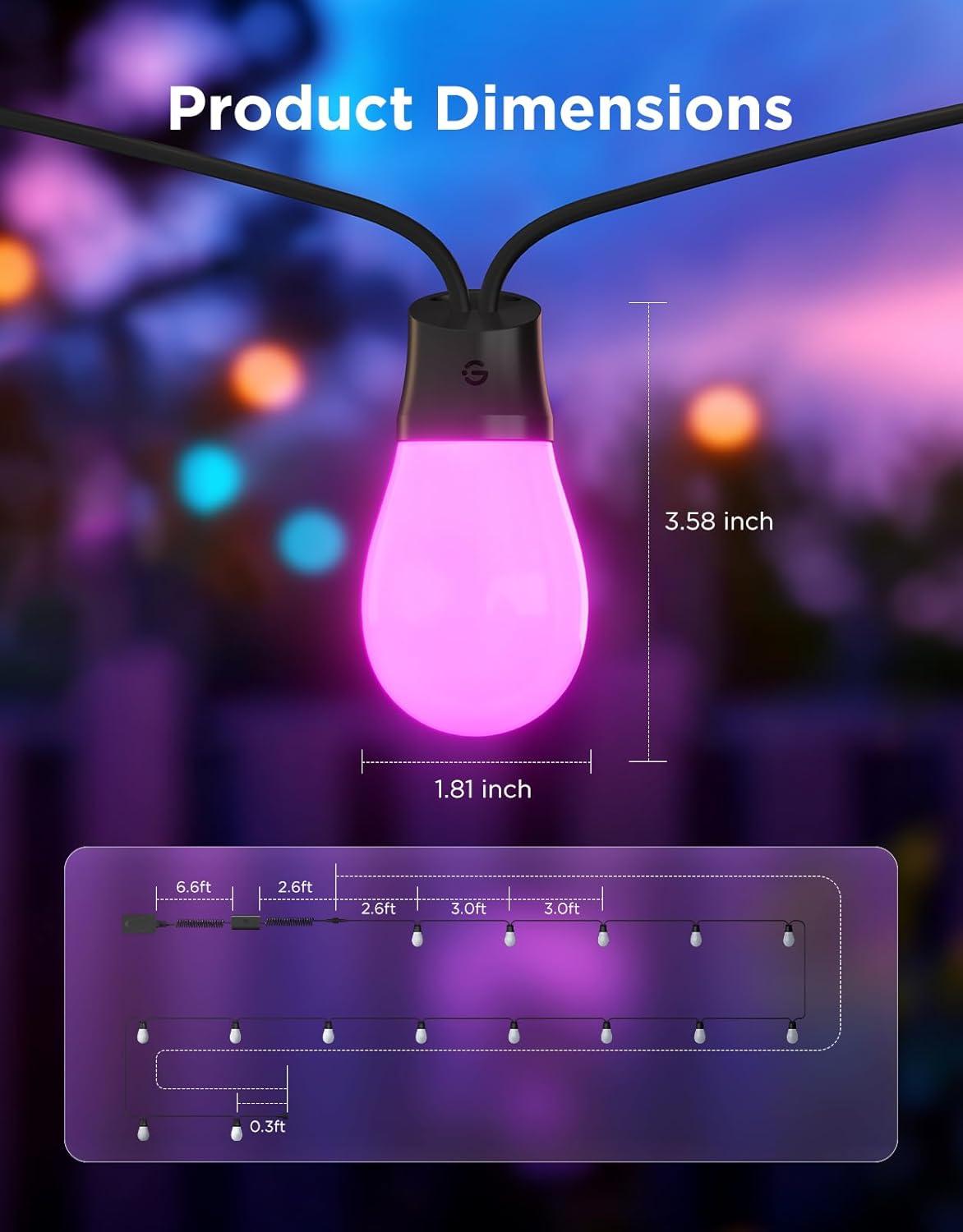 imageGovee S14 Bulb Outdoor String Lights 2 96ft Smart RGBIC Warm White Patio Lights with 30 LED Bulbs 111 Scene Modes for Outdoor Decor Works with Alexa Google Matter APP Control IP66 Waterproof48ft