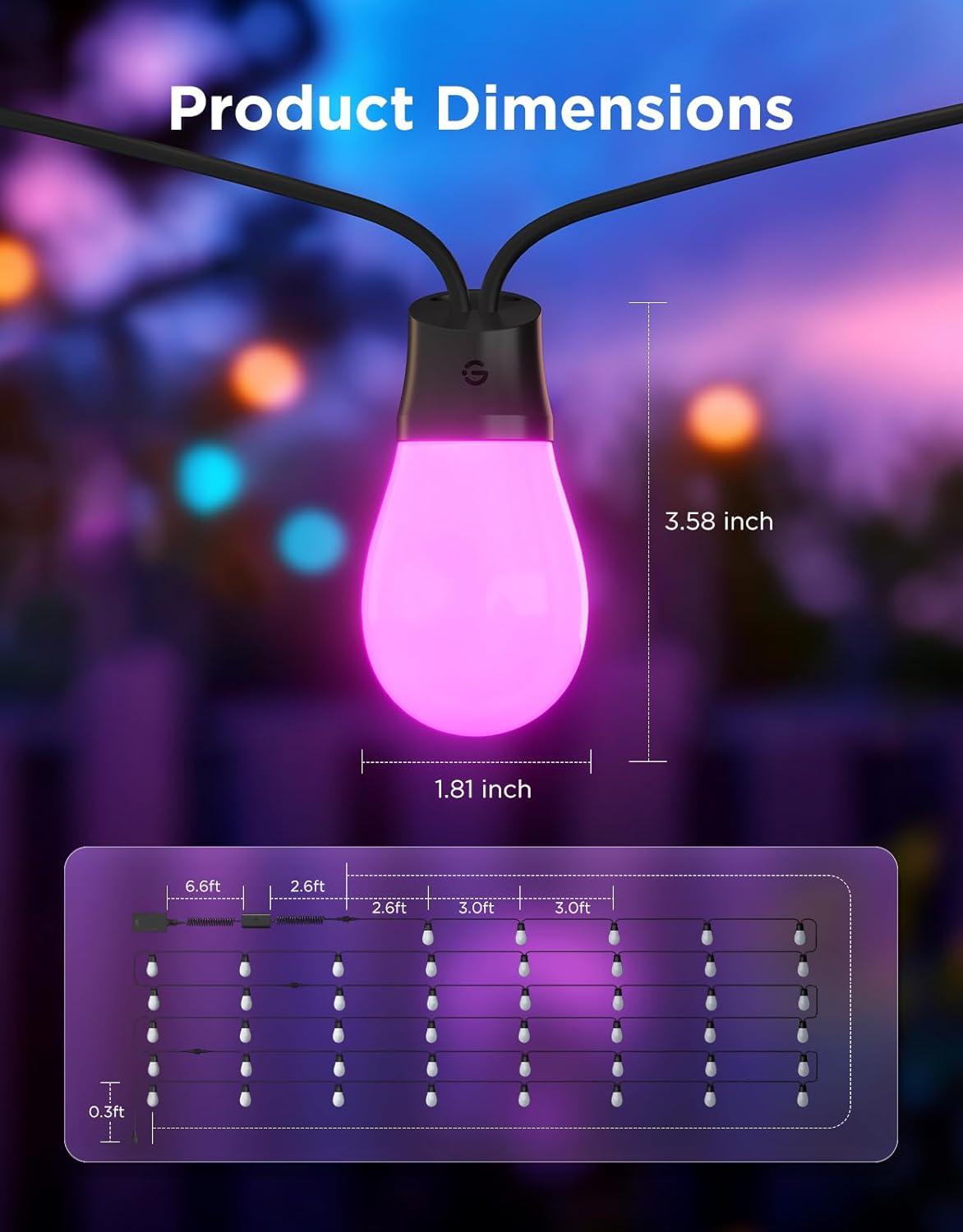 imageGovee S14 Bulb Outdoor String Lights 2 96ft Smart RGBIC Warm White Patio Lights with 30 LED Bulbs 111 Scene Modes for Outdoor Decor Works with Alexa Google Matter APP Control IP66 Waterproof144ft