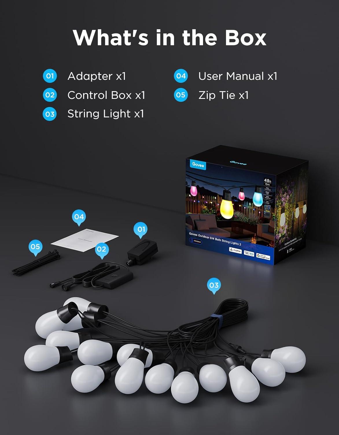 imageGovee S14 Bulb Outdoor String Lights 2 96ft Smart RGBIC Warm White Patio Lights with 30 LED Bulbs 111 Scene Modes for Outdoor Decor Works with Alexa Google Matter APP Control IP66 Waterproof48ft