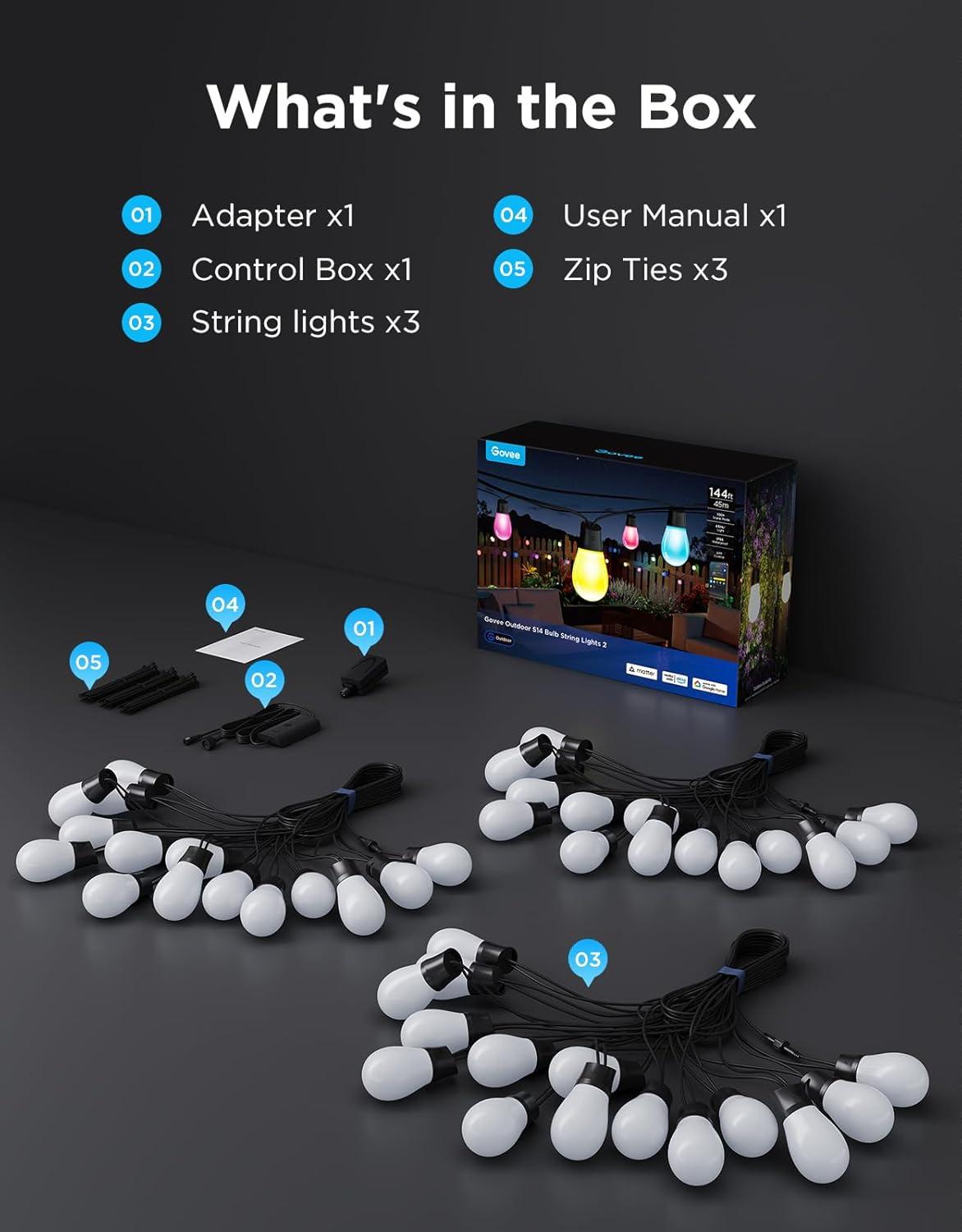 imageGovee S14 Bulb Outdoor String Lights 2 96ft Smart RGBIC Warm White Patio Lights with 30 LED Bulbs 111 Scene Modes for Outdoor Decor Works with Alexa Google Matter APP Control IP66 Waterproof144ft