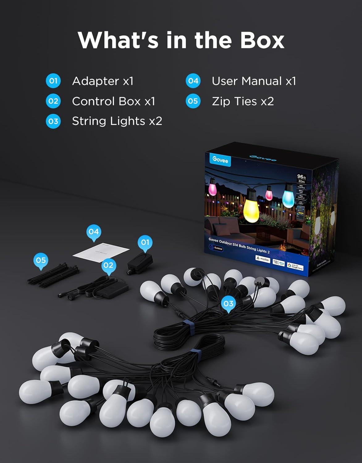 imageGovee S14 Bulb Outdoor String Lights 2 96ft Smart RGBIC Warm White Patio Lights with 30 LED Bulbs 111 Scene Modes for Outdoor Decor Works with Alexa Google Matter APP Control IP66 Waterproof96ft