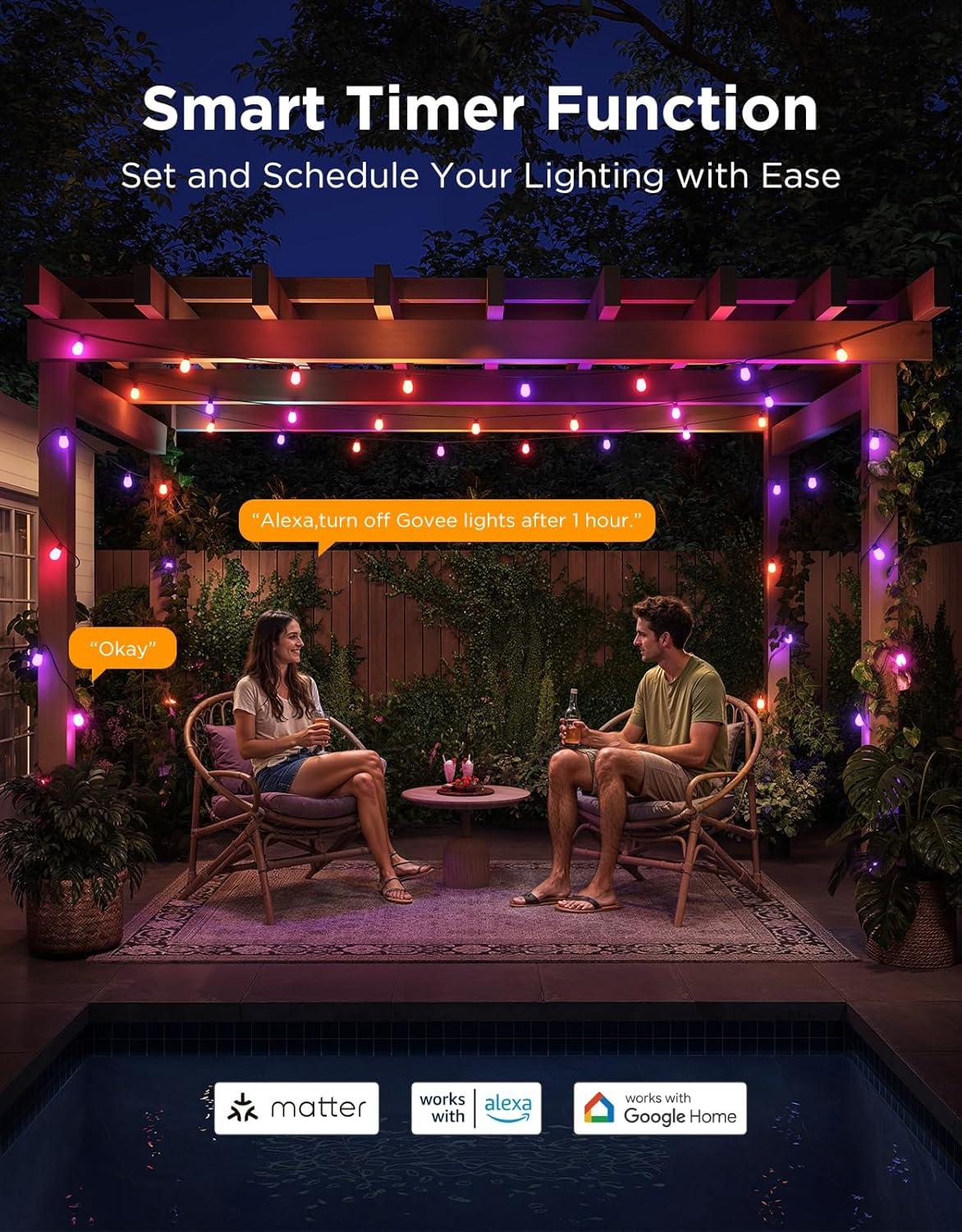 imageGovee S14 Bulb Outdoor String Lights 2 96ft Smart RGBIC Warm White Patio Lights with 30 LED Bulbs 111 Scene Modes for Outdoor Decor Works with Alexa Google Matter APP Control IP66 Waterproof144ft