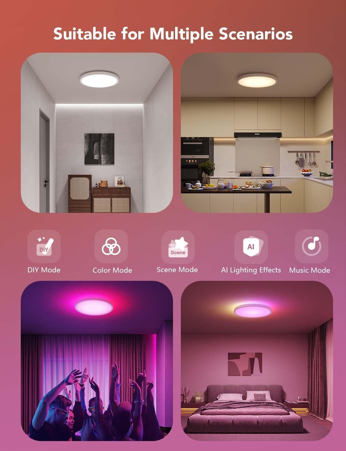 imageGovee Smart Ceiling Light RGBIC LED Ceiling Light Fixture 2400LM Flush Mount Light Fixture DIY Colors Works with Alexa 2200K6500K Ceiling Lights for Bedroom Living Room 12 Inch 1 Pack12 inch  2 pack