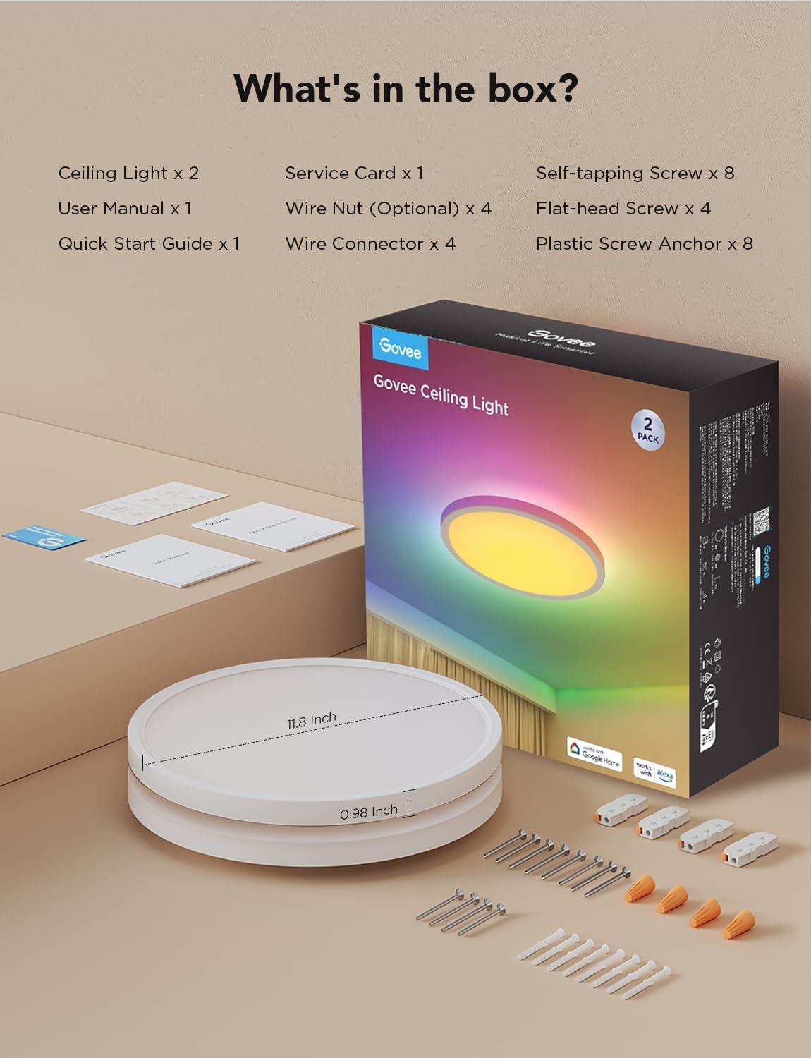 imageGovee Smart Ceiling Light RGBIC LED Ceiling Light Fixture 2400LM Flush Mount Light Fixture DIY Colors Works with Alexa 2200K6500K Ceiling Lights for Bedroom Living Room 12 Inch 1 Pack12 inch  2 pack