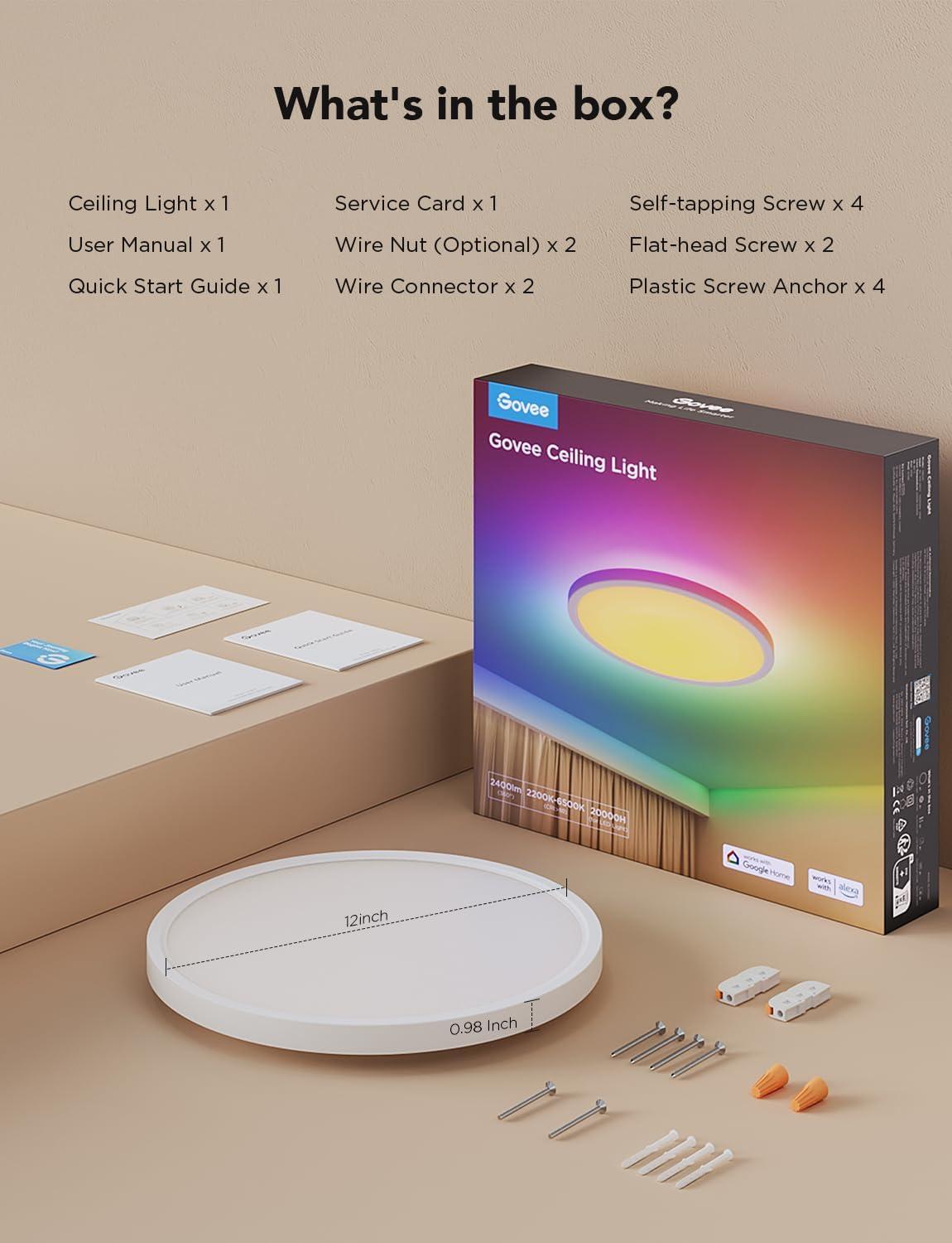 imageGovee Smart Ceiling Light RGBIC LED Ceiling Light Fixture 2400LM Flush Mount Light Fixture DIY Colors Works with Alexa 2200K6500K Ceiling Lights for Bedroom Living Room 12 Inch 1 Pack12 inch  1 pack