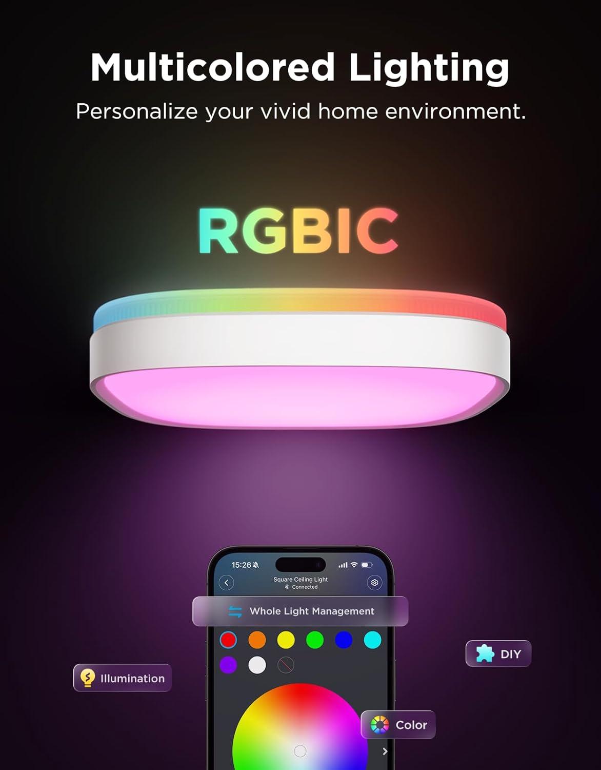 imageGovee Smart Ceiling Light RGBIC LED Square Ceiling Light Fixture Works with Matter 2400LM Flush Mount Light Fixture DIY Colors 2700K6500K Dimmable for Bedroom Living Room 12 Inch 1 Pack