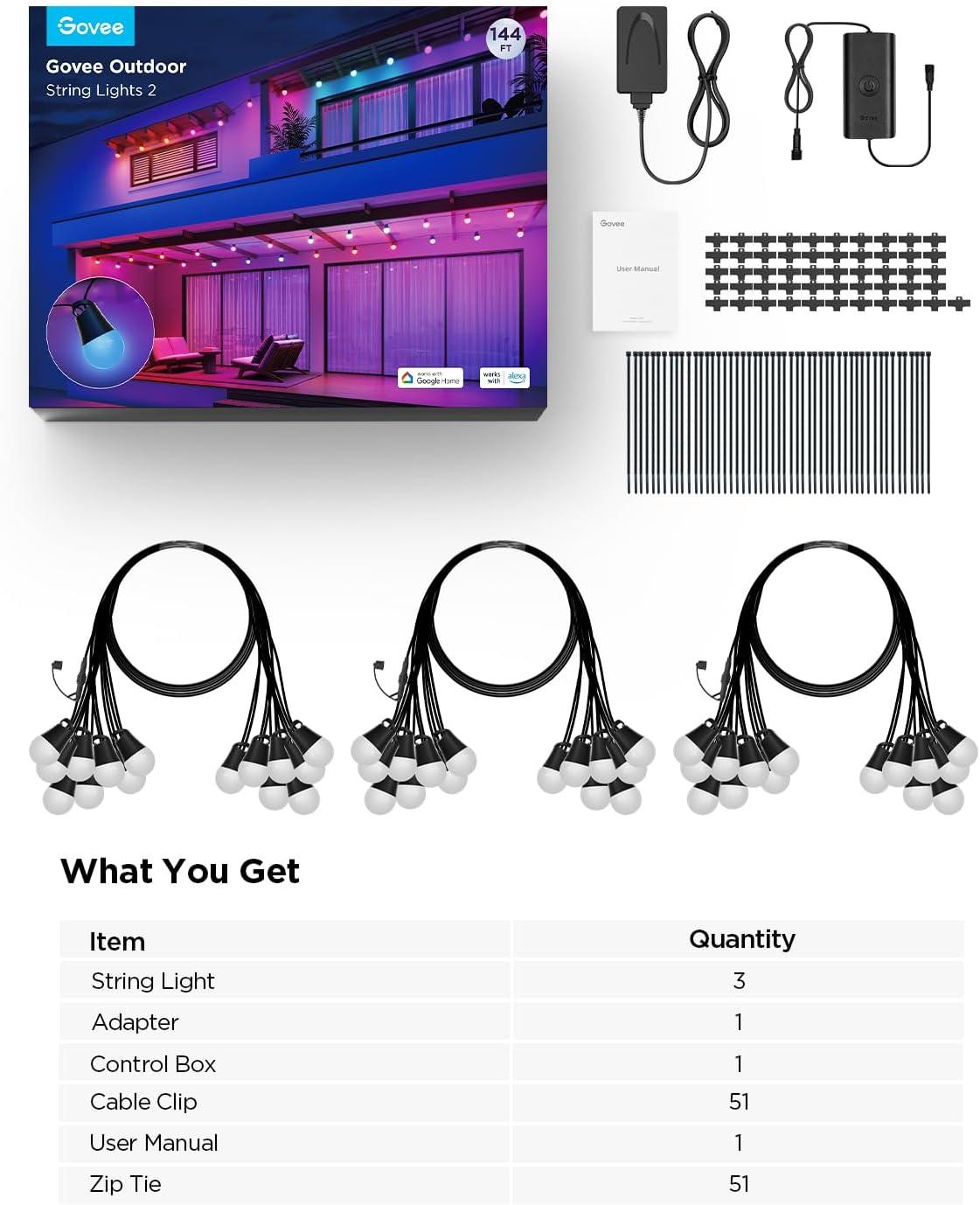 imageGovee Smart Outdoor String Lights 2 144ft Outdoor Lights with Dimmable Warm White LED Bulbs 47 Scene Modes for Patio Backyard Balcony IP65 Waterproof Works with Alexa App Control144ft