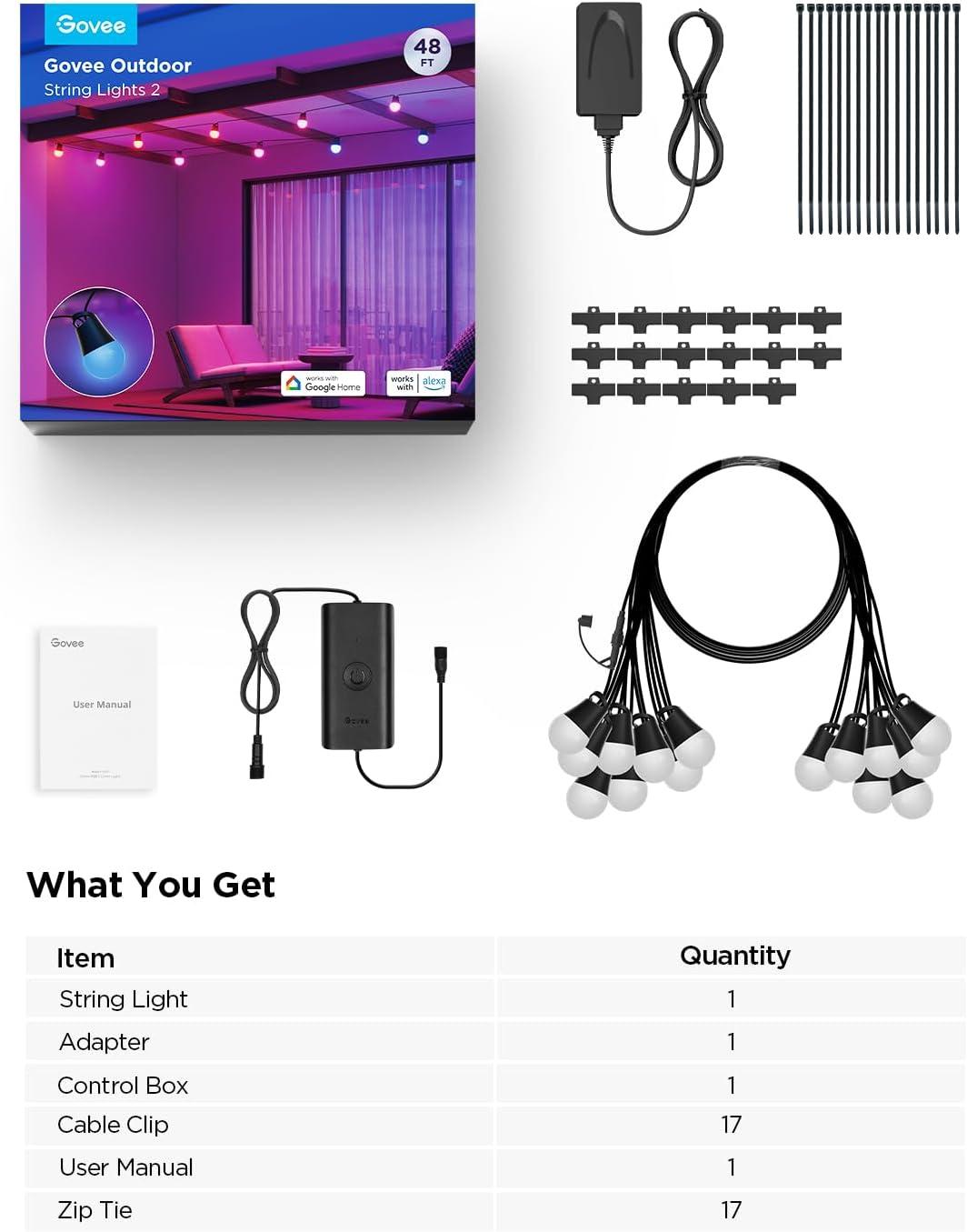 imageGovee Smart Outdoor String Lights 2 144ft Outdoor Lights with Dimmable Warm White LED Bulbs 47 Scene Modes for Patio Backyard Balcony IP65 Waterproof Works with Alexa App Control48ft