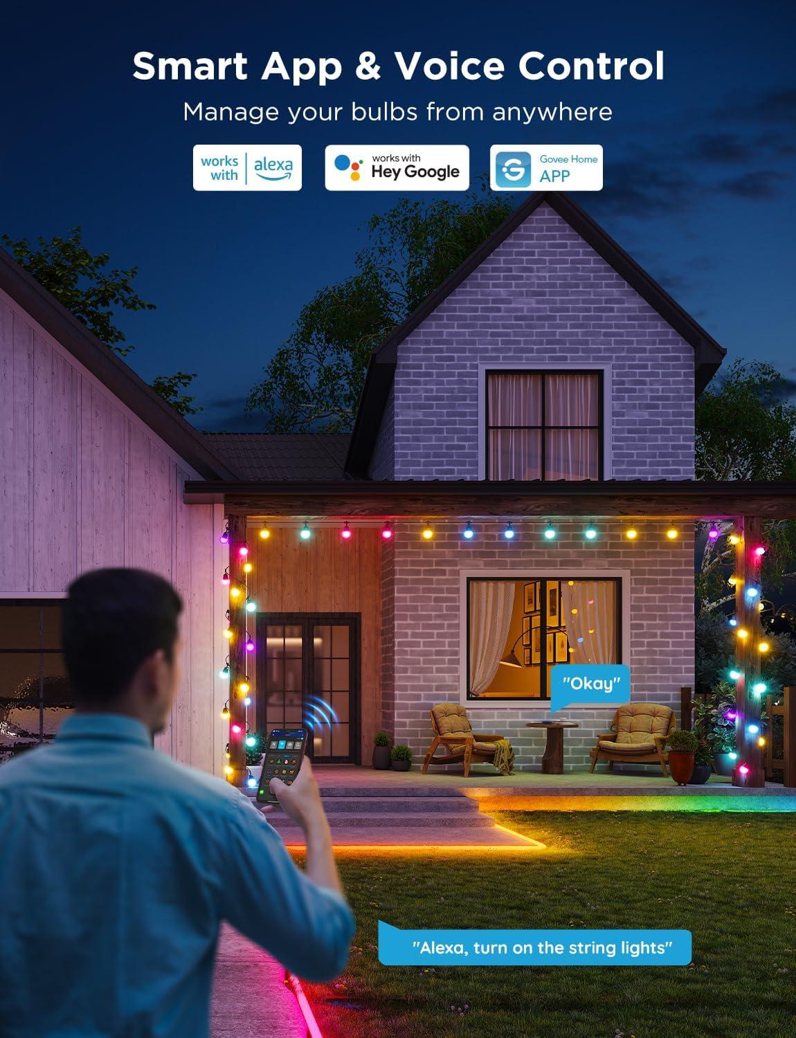 imageGovee Smart Outdoor String Lights 2 144ft Outdoor Lights with Dimmable Warm White LED Bulbs 47 Scene Modes for Patio Backyard Balcony IP65 Waterproof Works with Alexa App Control144ft