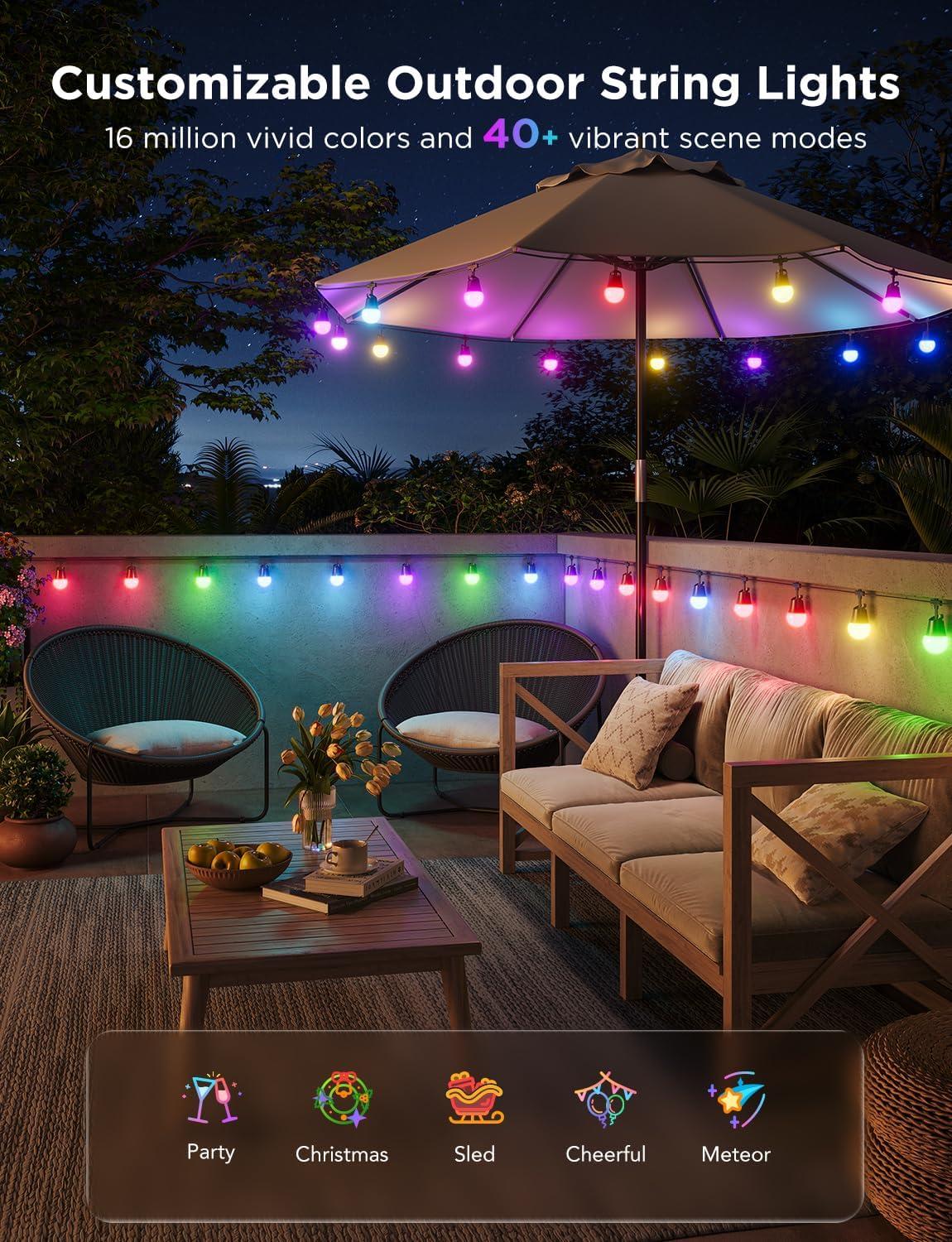 imageGovee Smart Outdoor String Lights 2 144ft Outdoor Lights with Dimmable Warm White LED Bulbs 47 Scene Modes for Patio Backyard Balcony IP65 Waterproof Works with Alexa App Control144ft