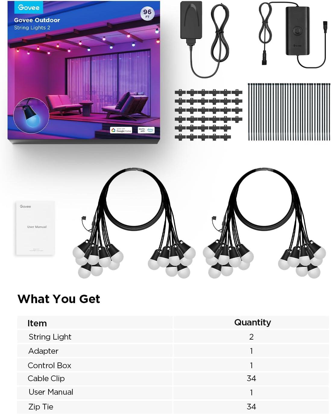 imageGovee Smart Outdoor String Lights 2 144ft Outdoor Lights with Dimmable Warm White LED Bulbs 47 Scene Modes for Patio Backyard Balcony IP65 Waterproof Works with Alexa App Control96ft