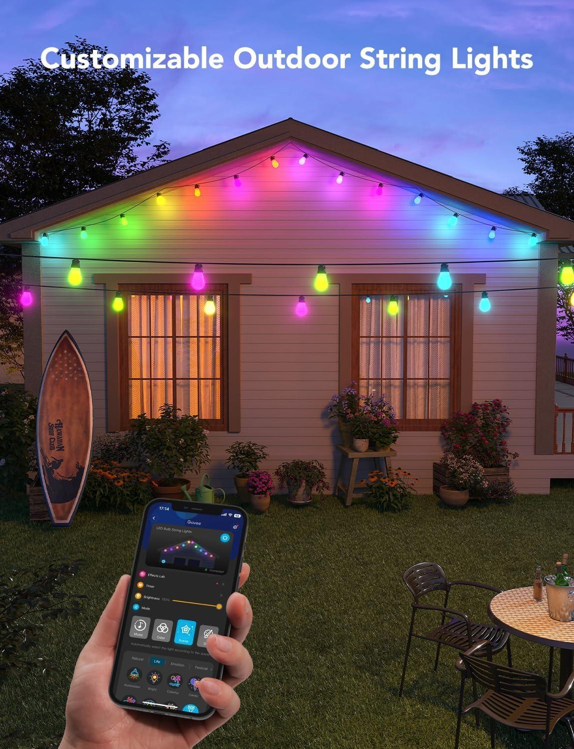 imageGovee Smart Outdoor String Lights H7015 48ft RGBIC Outdoor Lights with 15 Dimmable LED Bulbs IP65 Waterproof Color Changing Warm White Lights with 47 Scene Modes for Patio Backyard App Control24ft