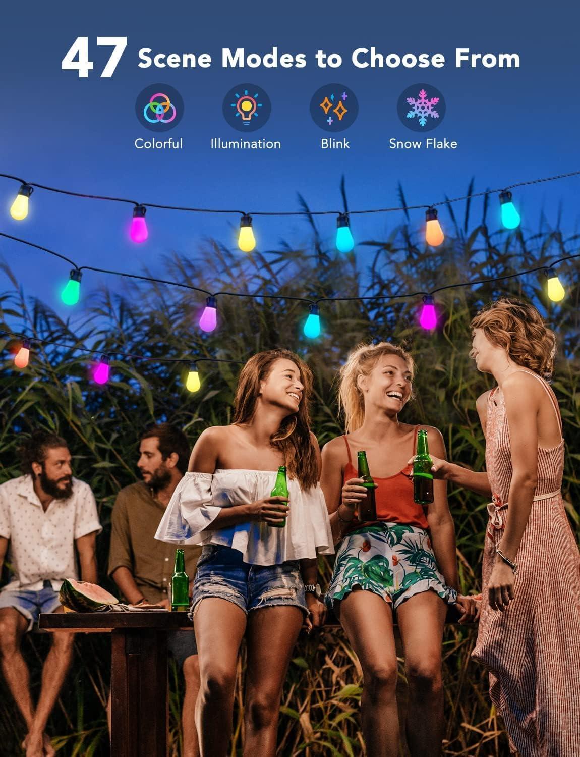 imageGovee Smart Outdoor String Lights H7015 48ft RGBIC Outdoor Lights with 15 Dimmable LED Bulbs IP65 Waterproof Color Changing Warm White Lights with 47 Scene Modes for Patio Backyard App Control24ft