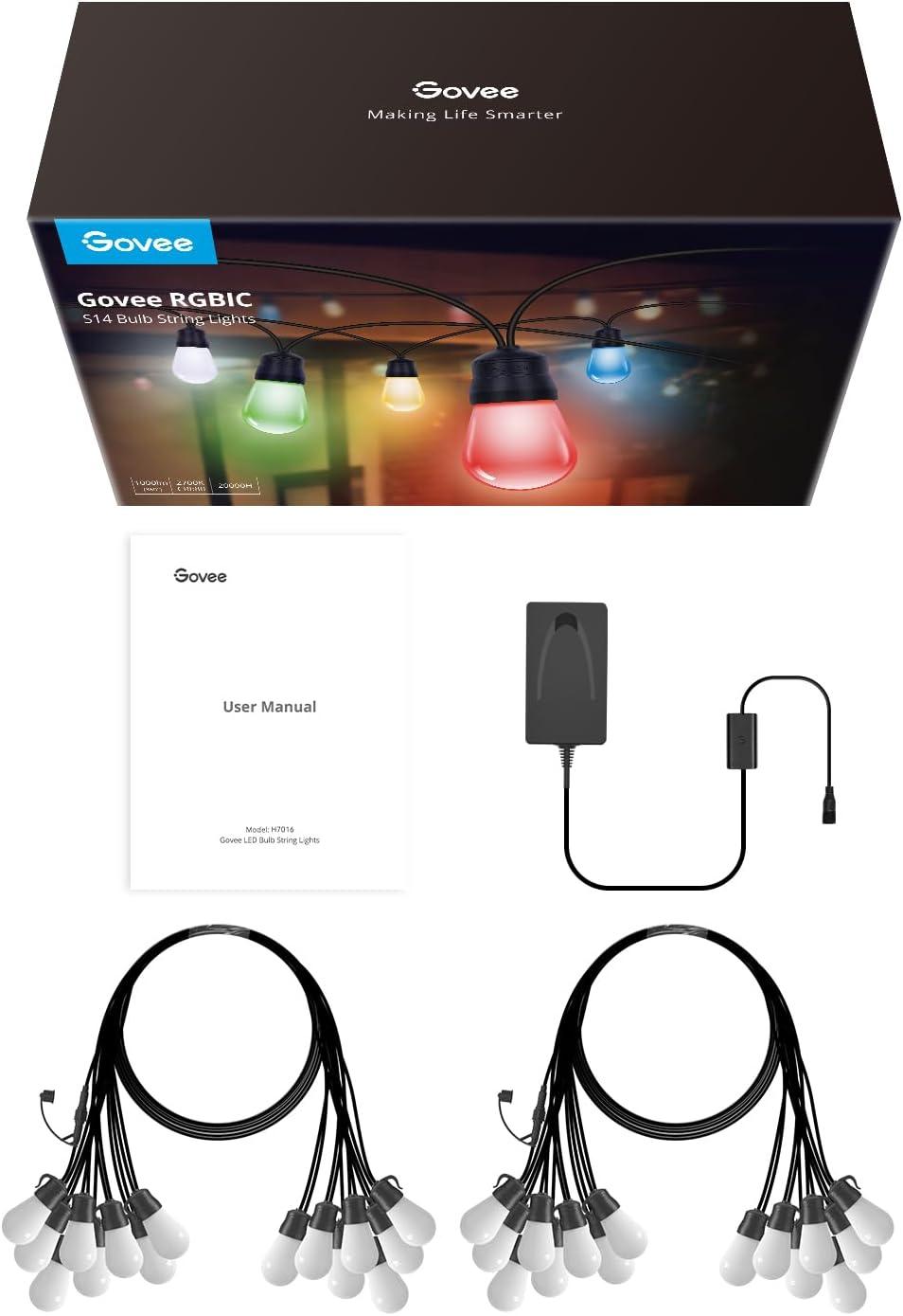 imageGovee Smart Outdoor String Lights H7015 48ft RGBIC Outdoor Lights with 15 Dimmable LED Bulbs IP65 Waterproof Color Changing Warm White Lights with 47 Scene Modes for Patio Backyard App Control96ft