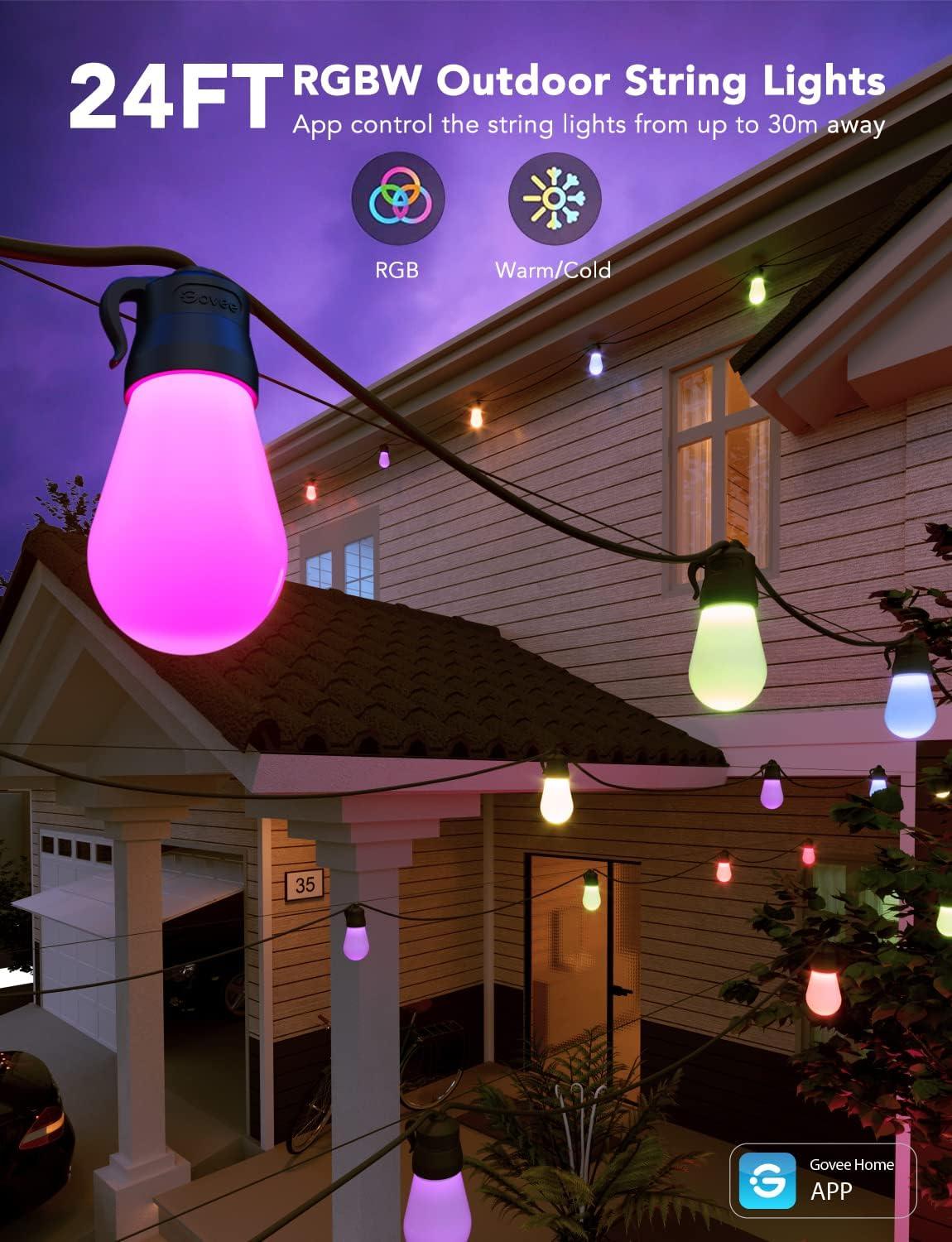 imageGovee Smart Outdoor String Lights H7015 48ft RGBIC Outdoor Lights with 15 Dimmable LED Bulbs IP65 Waterproof Color Changing Warm White Lights with 47 Scene Modes for Patio Backyard App Control24ft