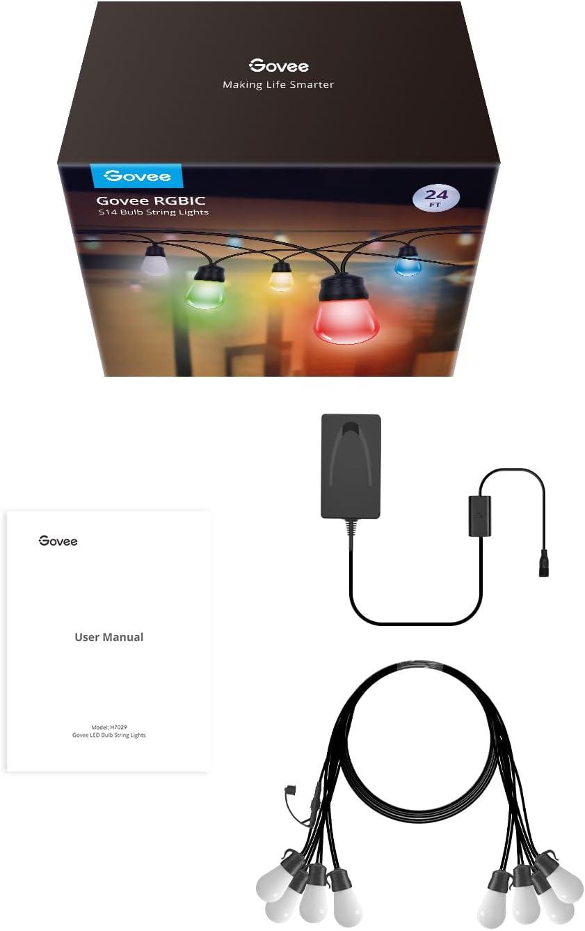 imageGovee Smart Outdoor String Lights H7015 48ft RGBIC Outdoor Lights with 15 Dimmable LED Bulbs IP65 Waterproof Color Changing Warm White Lights with 47 Scene Modes for Patio Backyard App Control24ft