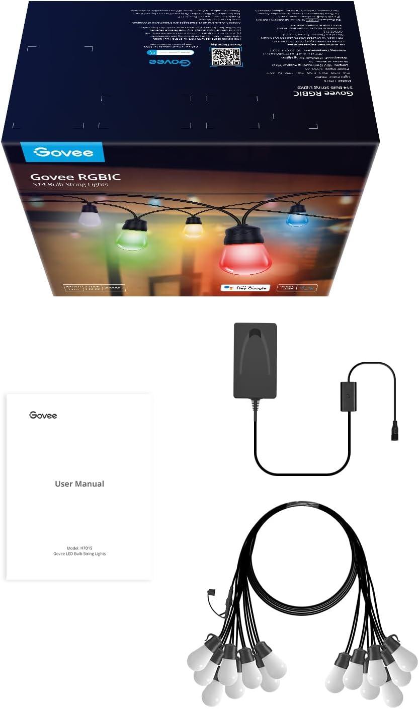 imageGovee Smart Outdoor String Lights H7015 48ft RGBIC Outdoor Lights with 15 Dimmable LED Bulbs IP65 Waterproof Color Changing Warm White Lights with 47 Scene Modes for Patio Backyard App Control48ft