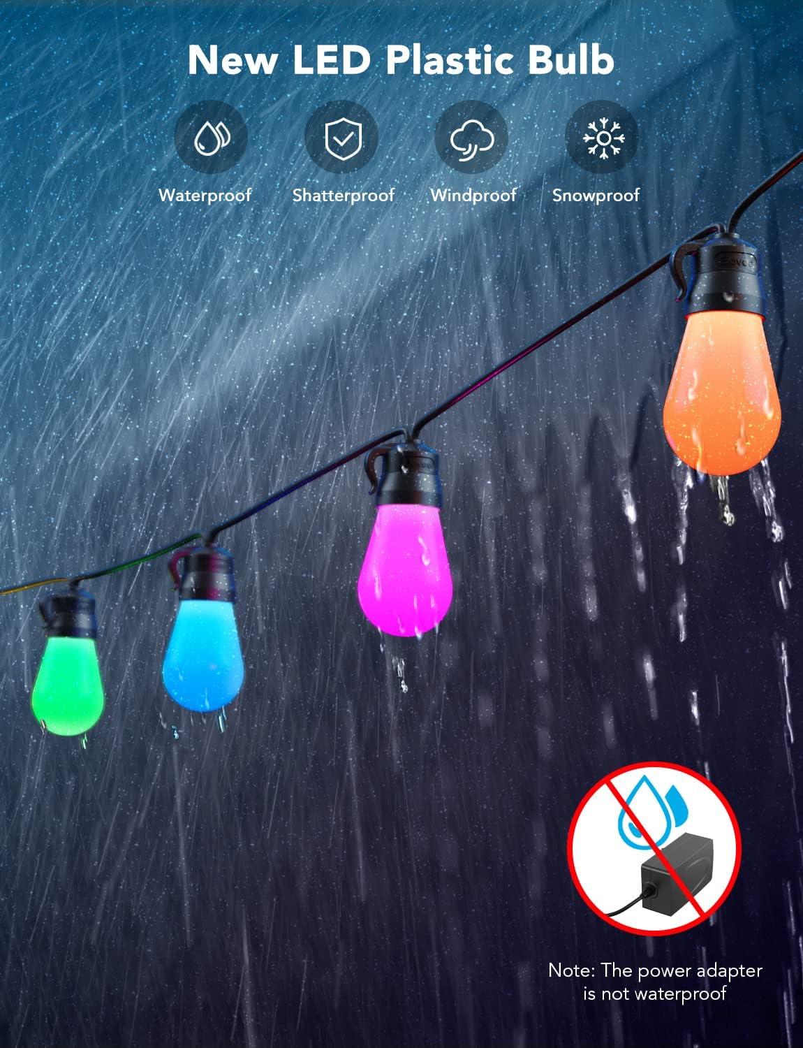imageGovee Smart Outdoor String Lights H7015 48ft RGBIC Outdoor Lights with 15 Dimmable LED Bulbs IP65 Waterproof Color Changing Warm White Lights with 47 Scene Modes for Patio Backyard App Control24ft