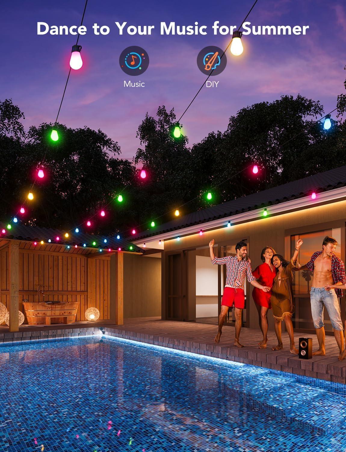 imageGovee Smart Outdoor String Lights H7015 48ft RGBIC Outdoor Lights with 15 Dimmable LED Bulbs IP65 Waterproof Color Changing Warm White Lights with 47 Scene Modes for Patio Backyard App Control48ft