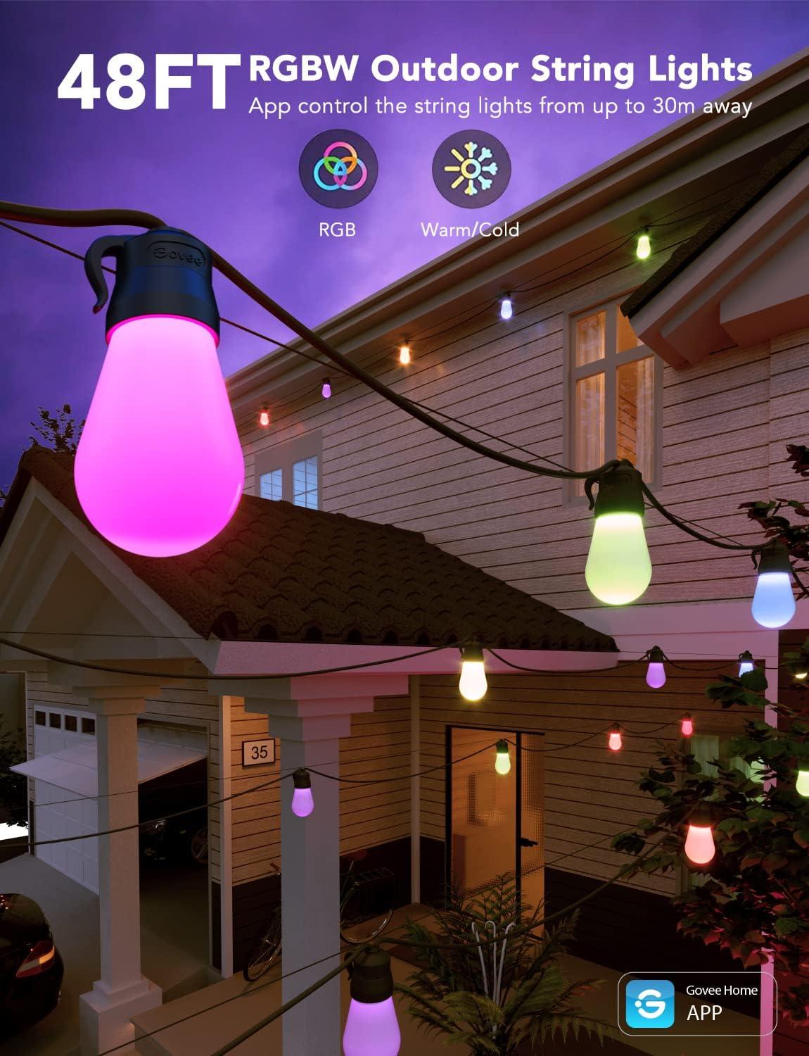 imageGovee Smart Outdoor String Lights H7015 48ft RGBIC Outdoor Lights with 15 Dimmable LED Bulbs IP65 Waterproof Color Changing Warm White Lights with 47 Scene Modes for Patio Backyard App Control48ft
