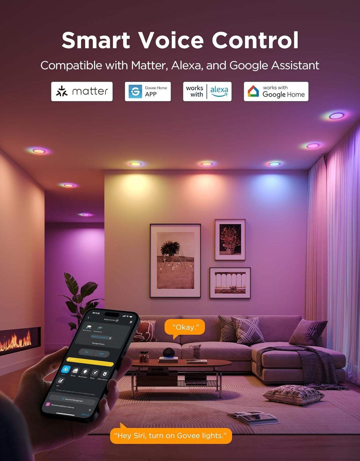 imageGovee Smart Recessed Lighting 6 Inch Matter RGBIC LED Recessed Light Work with Alexa Google Assistant Dimmable 1100LM Canless Downlight with Junction Box for Living Room Bedroom Kitchen 4 Pack6 Inch