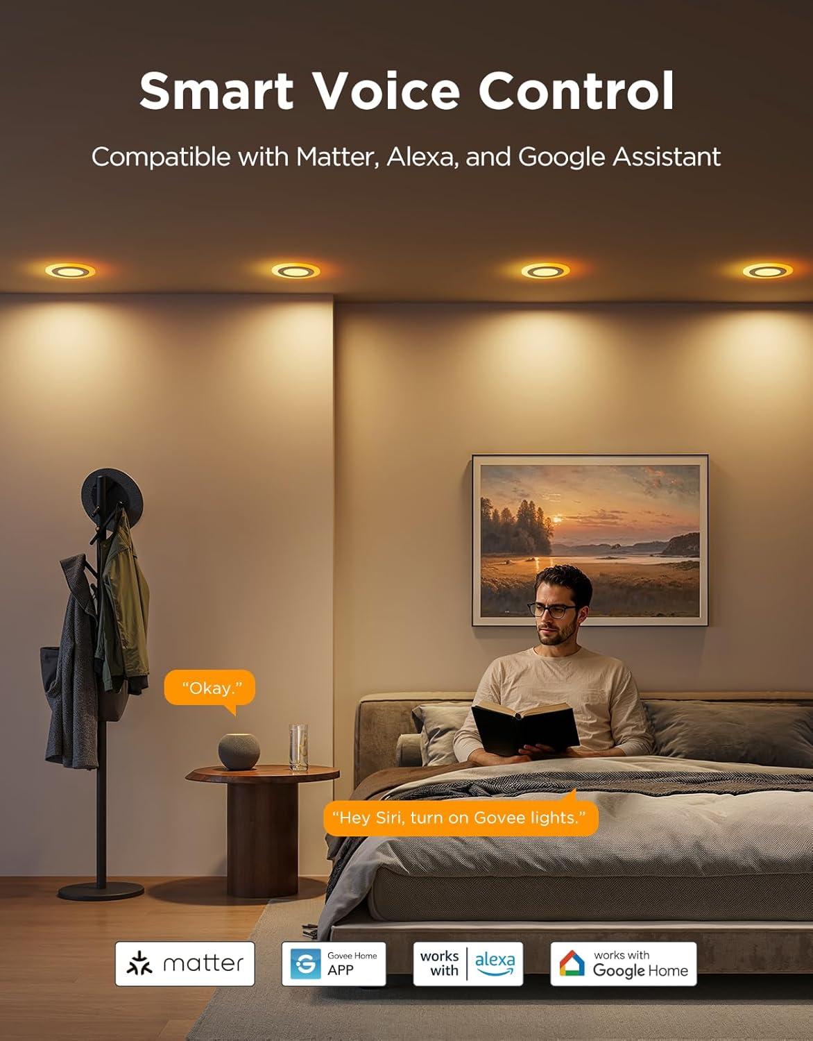 imageGovee Smart Recessed Lighting 6 Inch Matter RGBIC LED Recessed Light Work with Alexa Google Assistant Dimmable 1100LM Canless Downlight with Junction Box for Living Room Bedroom Kitchen 4 Pack4 Inch