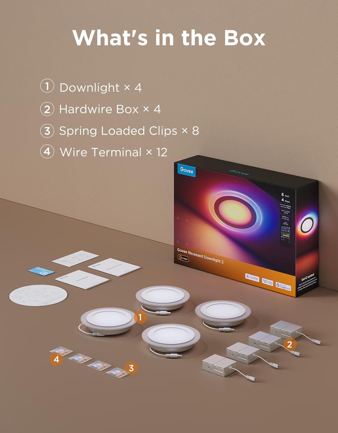 imageGovee Smart Recessed Lighting 6 Inch Matter RGBIC LED Recessed Light Work with Alexa Google Assistant Dimmable 1100LM Canless Downlight with Junction Box for Living Room Bedroom Kitchen 4 Pack6 Inch