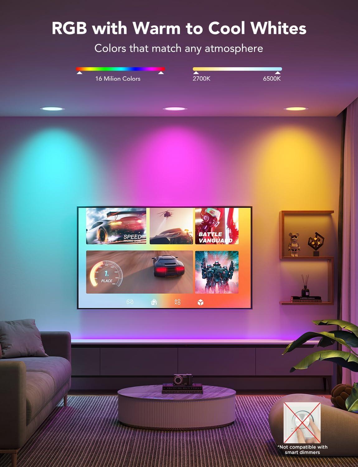 imageGovee Smart Recessed Lighting 6 Inch WiFi Bluetooth Direct Connect RGBWW LED Downlight 65 Scene Mode Canless Recessed Light Work with Alexa ampamp Google Assistant with Junction Box 1100 Lumen 4 Pack6 Inch