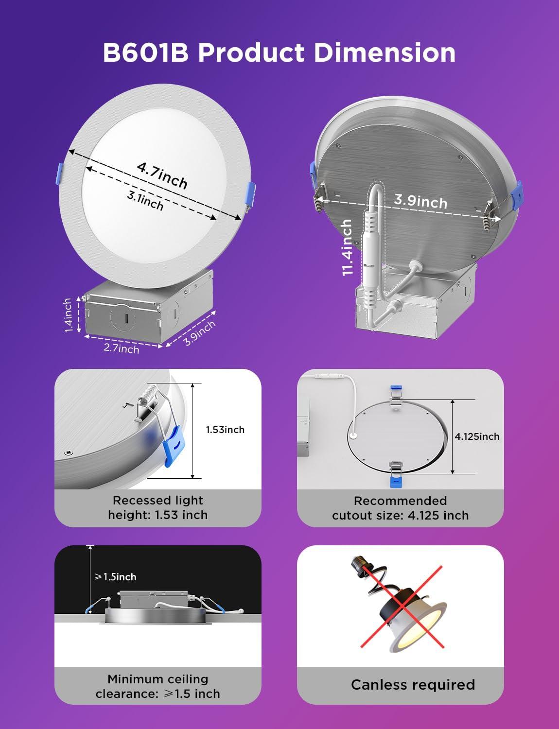 imageGovee Smart Recessed Lighting 6 Inch WiFi Bluetooth Direct Connect RGBWW LED Downlight 65 Scene Mode Canless Recessed Light Work with Alexa ampamp Google Assistant with Junction Box 1100 Lumen 4 Pack4 Inch