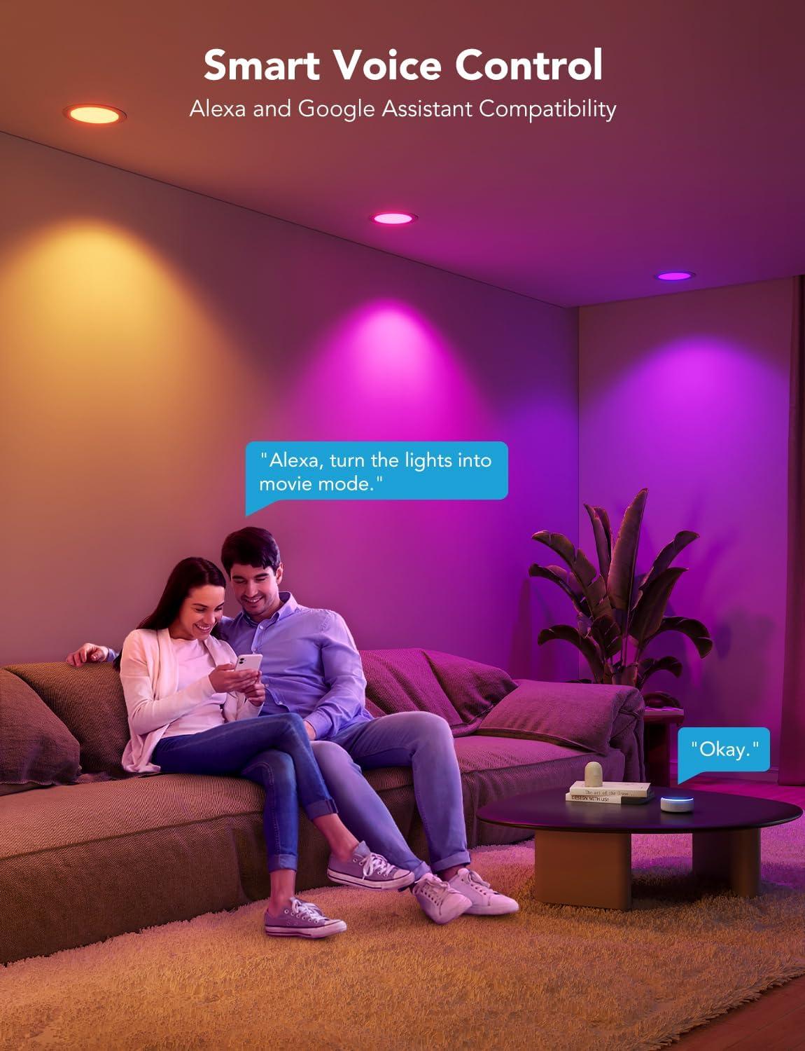 imageGovee Smart Recessed Lighting 6 Inch WiFi Bluetooth Direct Connect RGBWW LED Downlight 65 Scene Mode Canless Recessed Light Work with Alexa ampamp Google Assistant with Junction Box 1100 Lumen 4 Pack4 Inch