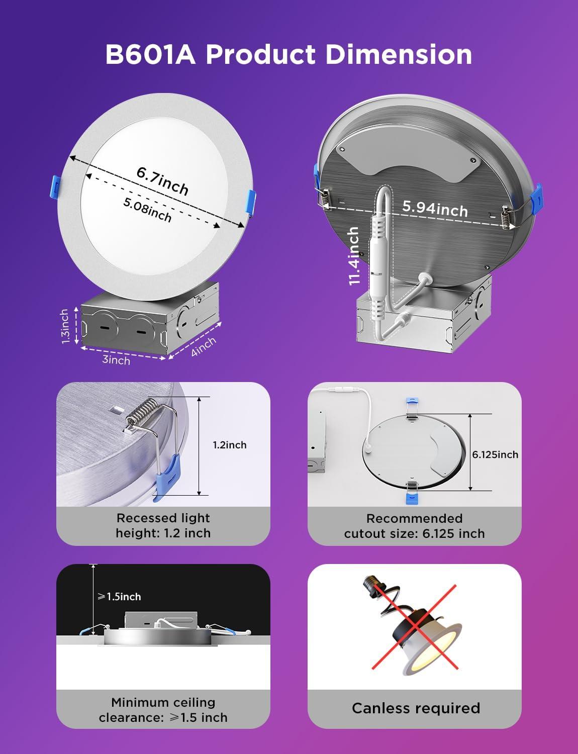 imageGovee Smart Recessed Lighting 6 Inch WiFi Bluetooth Direct Connect RGBWW LED Downlight 65 Scene Mode Canless Recessed Light Work with Alexa ampamp Google Assistant with Junction Box 1100 Lumen 4 Pack6 Inch