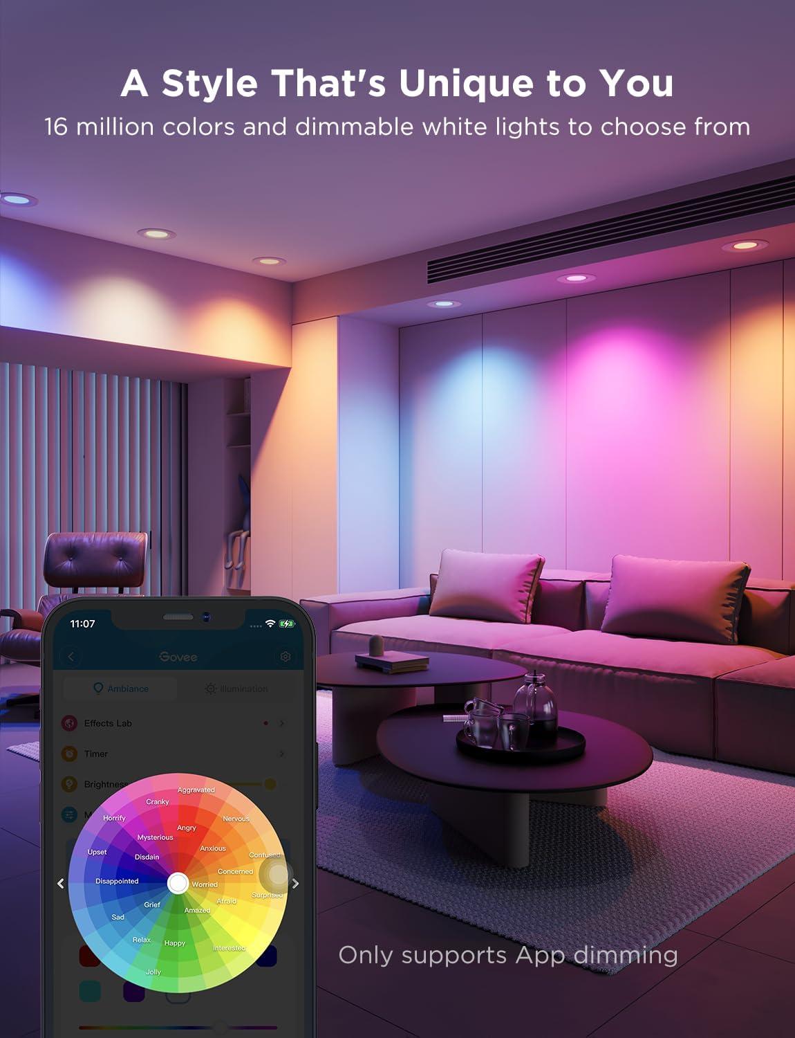 imageGovee Smart Retrofit Recessed Lighting 6 Inch WiFi Bluetooth Direct Connect RGBWW Retrofit Can Lights 65 Scene Modes Works with Alexa ampamp Google Assistant 1000 Lumens 4 PackWhite