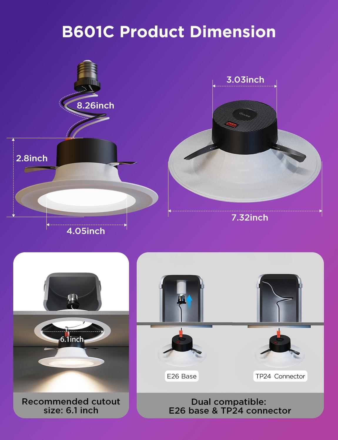 imageGovee Smart Retrofit Recessed Lighting 6 Inch WiFi Bluetooth Direct Connect RGBWW Retrofit Can Lights 65 Scene Modes Works with Alexa ampamp Google Assistant 1000 Lumens 4 PackWhite