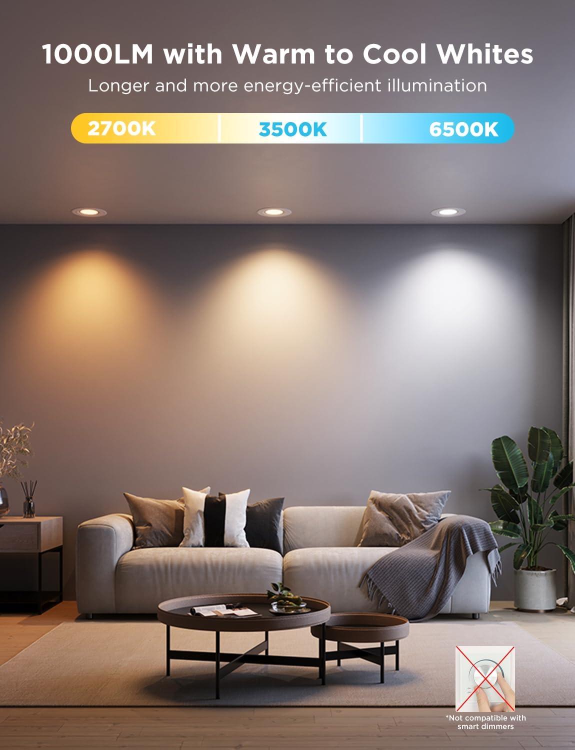 imageGovee Smart Retrofit Recessed Lighting 6 Inch WiFi Bluetooth Direct Connect RGBWW Retrofit Can Lights 65 Scene Modes Works with Alexa ampamp Google Assistant 1000 Lumens 4 PackWhite