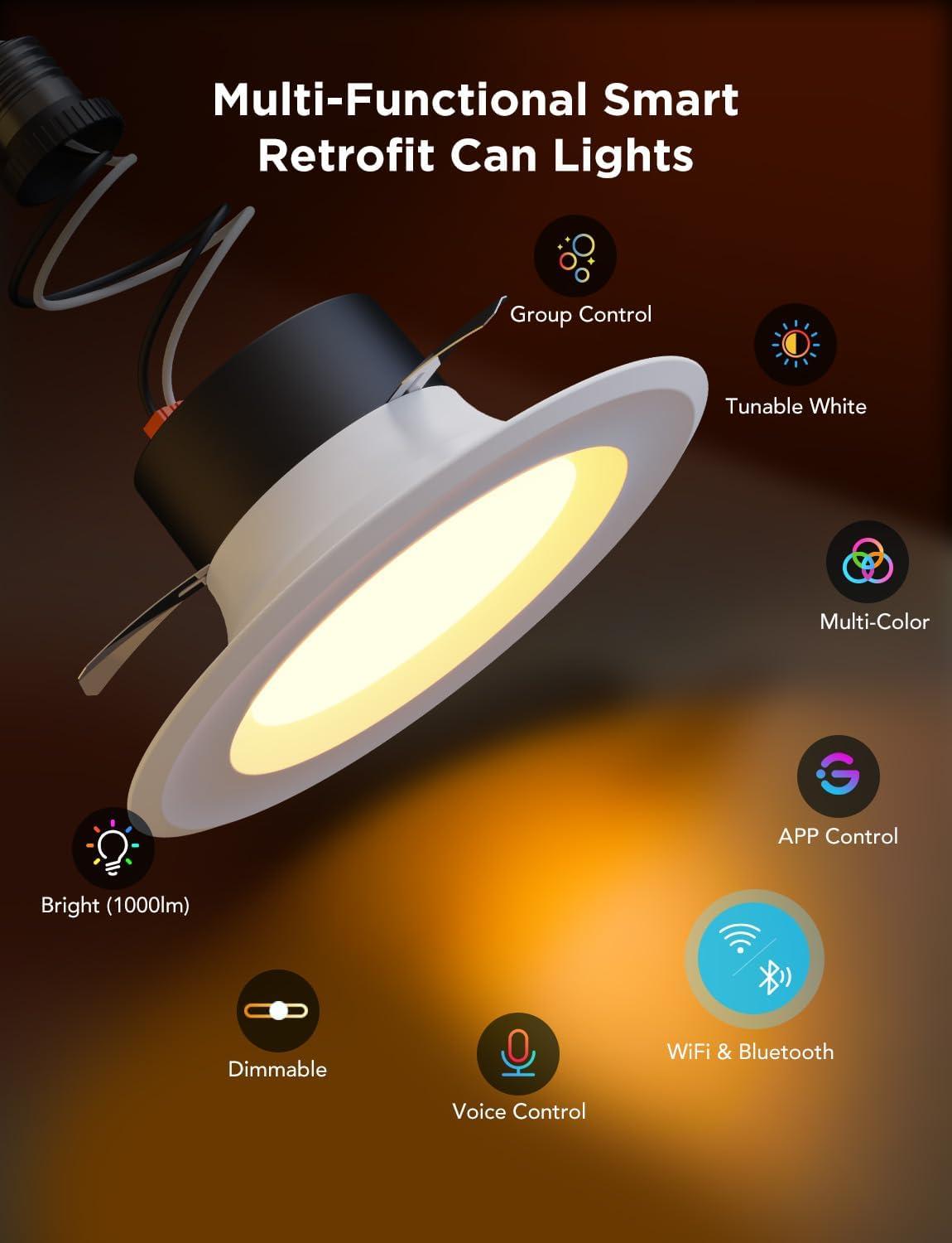 imageGovee Smart Retrofit Recessed Lighting 6 Inch WiFi Bluetooth Direct Connect RGBWW Retrofit Can Lights 65 Scene Modes Works with Alexa ampamp Google Assistant 1000 Lumens 4 Pack6 Pack