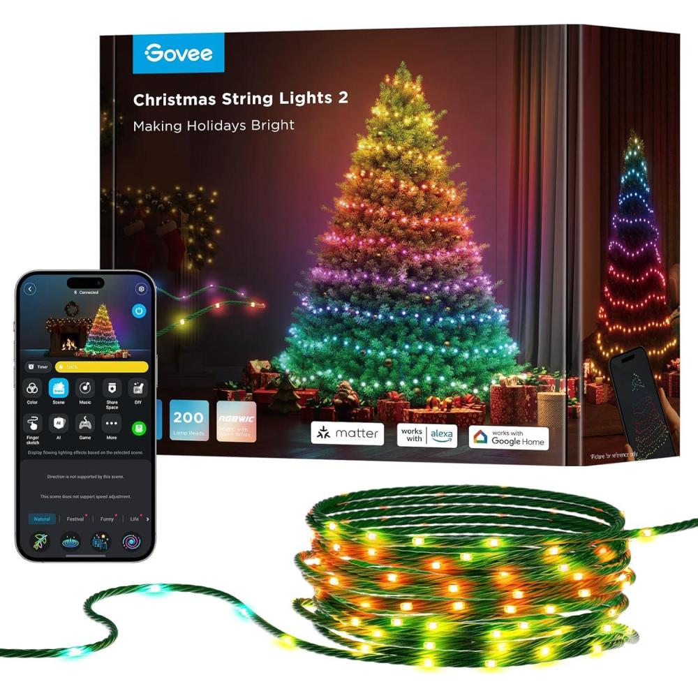 imageGovee Christmas Lights 2 RGBWIC 99FT 300LEDs Holiday String Lights with Shape Mapping Function Smart LED Decoration for Indoor Outdoor Tree 130 Preset Scenes Voice and APP Control Green WireGreen